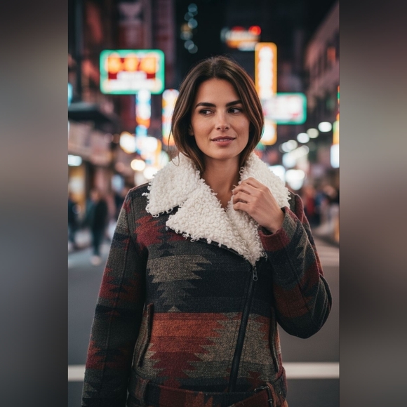 β¨οΈUNICORN! RARE! HTF! Free People Western Moto Sherpa Crop Zip Aztec Jacket - Picture 5 of 15